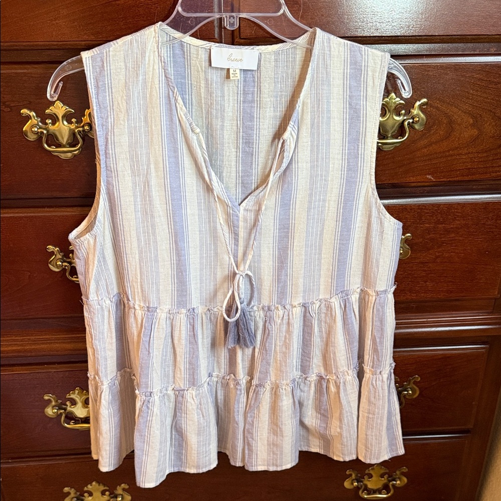 Med. Striped Sleeveless Tiered Tassel Tank in Blue and Cream, Braeve, Evereve